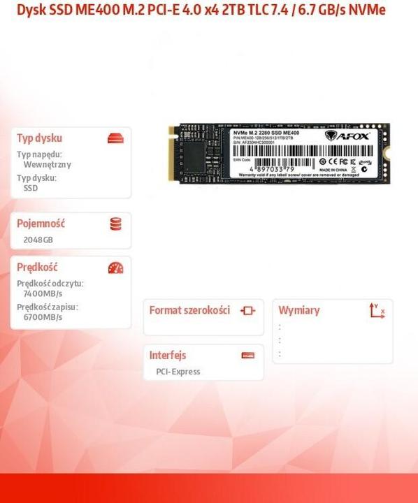 Produktbild AFOX ME400 SSD M.2 PCI-E 4.0 X4 2TB TLC 7.4 / 6.7 (2000 GB, M.2 2280)