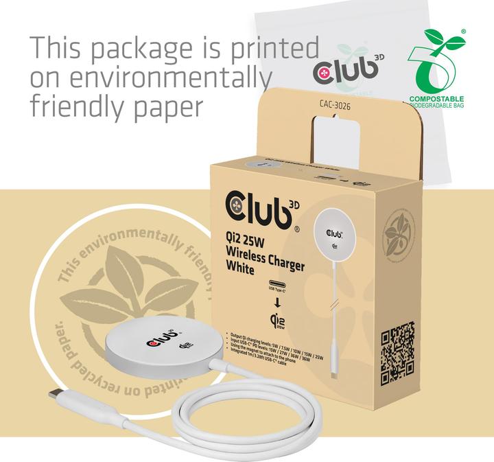 Produktbild Club 3D Club3D Ladegerät Qi2 USB Typ C 25W wireless weiss (25 W)
