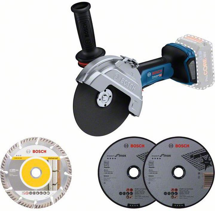 Clamping nut (1 603 345 043), Clip-on metal safety guard (1 619 P16 650), Cardboard box, Protective cover (1 600 A02 84A), 2 x cutting disc, Expert for Inox Rapido, 180 x 22.23 mm (2 608 603 406), Clamping flange (2 605 703 014), Two-hole nut driver (F 000 632 033), 1 x diamond disc, Standard for Universal, 180 x 22.23 mm (2 608 615 063), Vibration control additional handle with extension (1 607 000E8B)