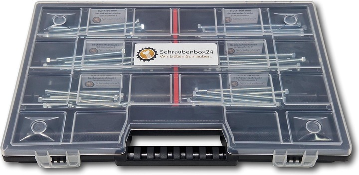 Actual product image Schraubenbox24 Hexagon bolts assortment M5 65mm-100mm 90 pcs screw box DIN 933/ISO4017 (90 Screws per piece)