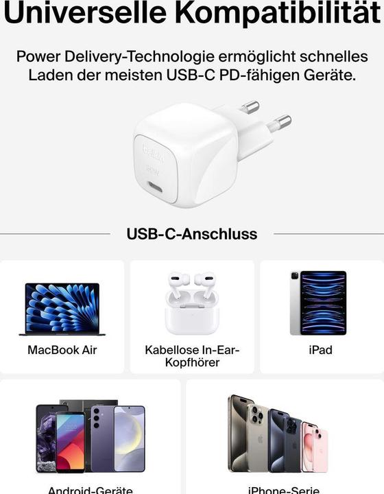 Produktbild Belkin BoostCharge 30 W USB-C mit PD, inkl. USB-C/Lightning Kabel (30 W, 1 Port)