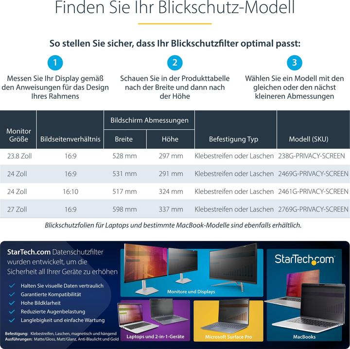 Produktbild StarTech com 238G-PRIVACY-SCREEN, 60,5 cm (23.8"), 16:9, Monitor, Rahmenloser Blickschutzfilter (16:9)