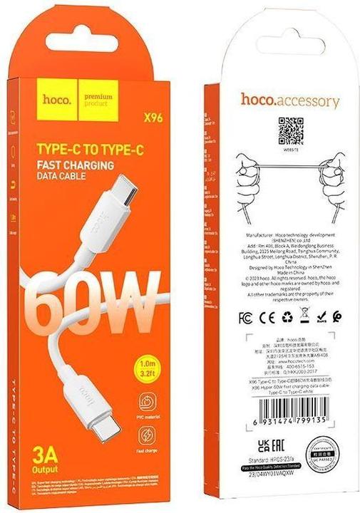 Actual product image Hoco USB-C to USB-C X96, 60W, 3A, 1m, white (1 m, USB 3.2 Gen 1, 60 W)
