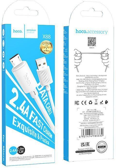 Produktbild Hoco USB-A to microUSB X88, 18W, 2A, 1m, weiss (1 m, USB 2.0, 18 W)