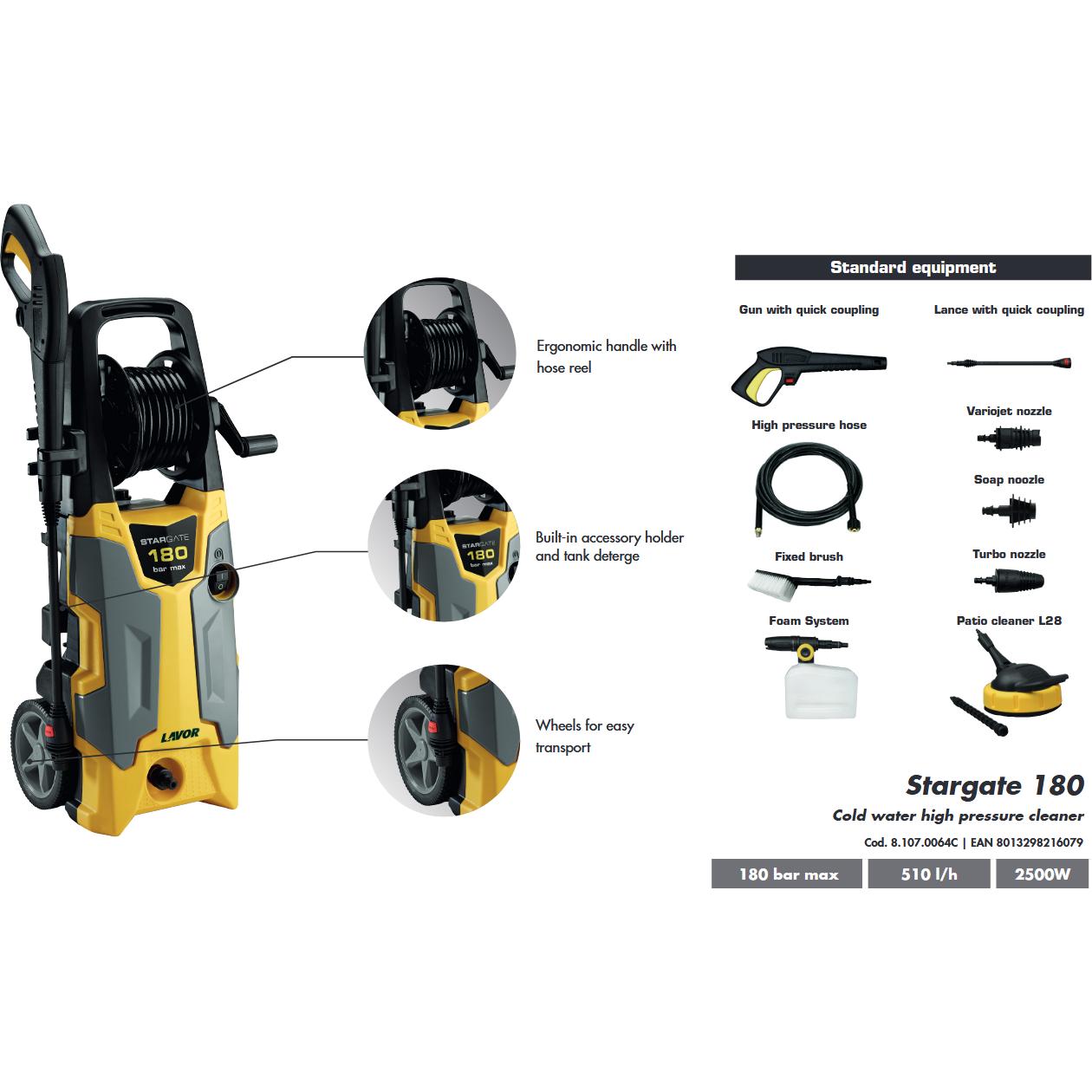 Lavor, Pulitore ad alta pressione, Stargate 180/2500W/180Bar + Terrassen-Hochdruckreiniger (Corrente elettrica)