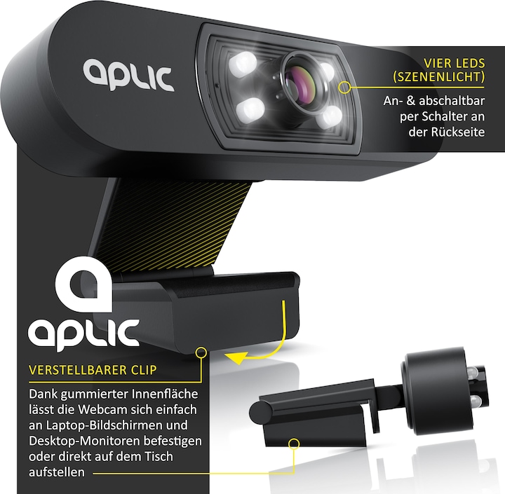 Produktbild Aplic Full HD Webcam mit Mikrofon, 1920x1080P @ 25 Hz, 4 Hilfslichter / Szenelicht, 5P Linse, für PC MAC
