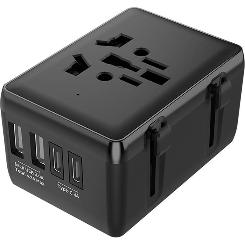 Techsuit, Adattatore da viaggio, - Travel Adapter (HHt204A) - 15W, 2xUSB-C, 2xUSB, EU, UK, AUS, US - Black