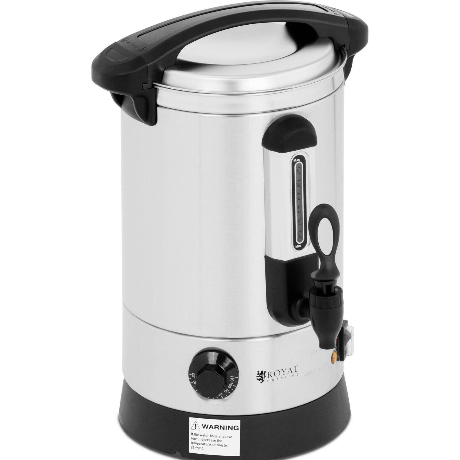 Royal Catering Wasserkocher Edelstahl 6,5 Liter Doppelwandig 1500 W Warmhaltefunktion, Getränkespender, Silber