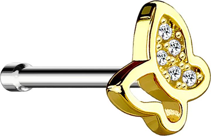 Produktbild Star Piercing Nasenstecker gerade vergoldet mit Schmetterling und Kristall (Messing, Chirurgenstahl 316L)