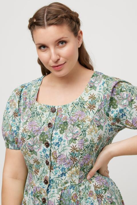 Produktbild Ulla Popken Midikleid, Blüten, Leinenmix, Rundhals, Puff-Halbarm (48)