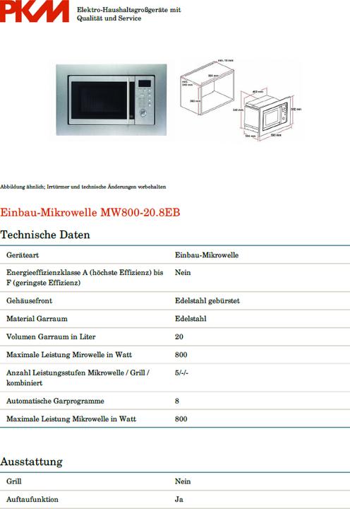 Image du produit PKM Four à micro-ondes encastrable MW800-20,8EB LxHxP 59,5 x 38,2 x 34,4 cm (20 l)