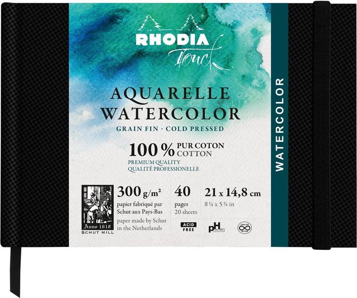 Image du produit Rhodia Touch Watercolor Book, papier grain fin 100% coton 300g - A5 paysage, 40 pages - Noir (300 g/m², 240x)