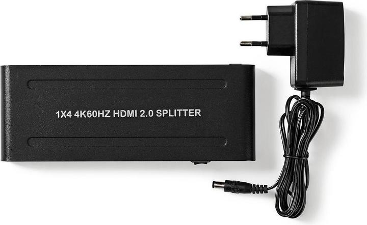 Actual product image Nedis VSPL3474AT. Video port type: HDMI, User output: 4x HDMI. Product colour: Black, HD type: 4K Ultra