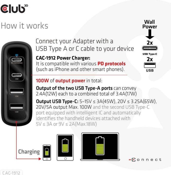 Produktbild Club 3D Ladegerät 2xUSB Typ C, 2xUSB Typ A, PD 100W retail (100 W, 4 Ports)