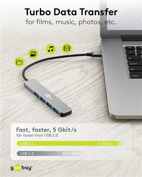 Immagine prodotto Goobay Slim 4-Port USB-Hub, USB-C auf USB-A, 5 Gbit/s (USB-C, 4 porte)