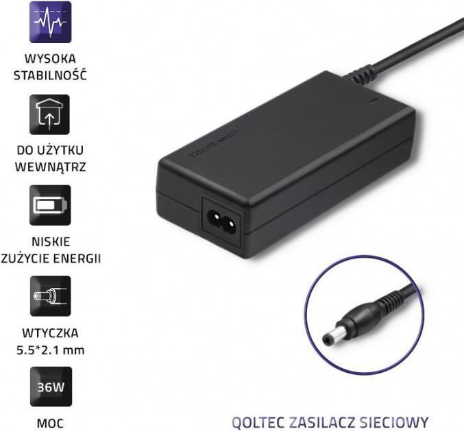 Actual product image Qoltec 50769 Desktop power supply 36W 12V 3A 5.5 x 2.1 + power cable (36 W)