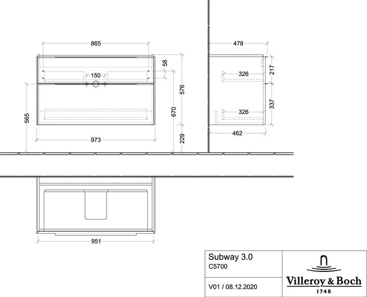 Produktbild Villeroy & Boch Subway 3.0, 973x576x478 mm, Waschbeckenunterschrank, 2 Auszüge, C57002 (106.30 x 46.20 x 67.60 cm)