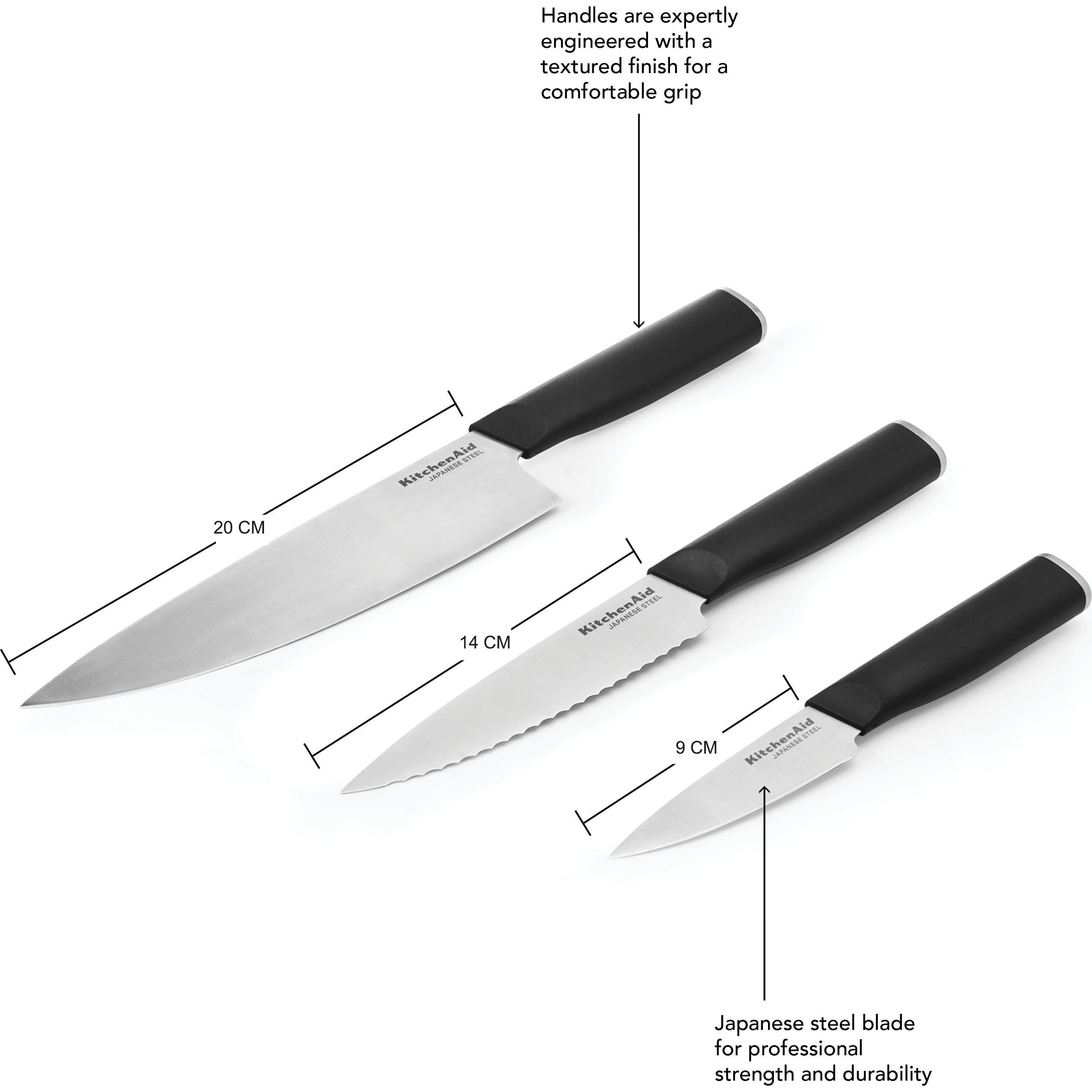 Thumbnail - KitchenAid Classic 3-Piece Cooking Knife Set, Sharp High-Carbon Japanese Steel, Küchenmesser, Schwarz, Silber