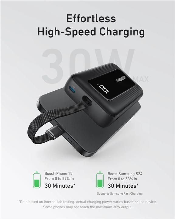 Actual product image Anker Power Bank with Built-In USB-C Cable | A1688H11 | 10000 mAh | Black (10000 mAh, 15 W, 37 Wh)