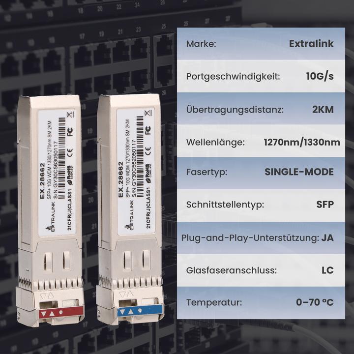 Actual product image Extralink SFP+ 10G | SFP+ WDM module | 10 Gbps 1270/1330nm, singlemode, 2km, pair