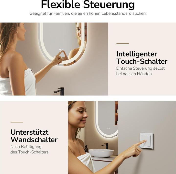 Produktbild Emke Badspiegel mit Beleuchtung 50*90cm,Beschlagfrei, 3 Farbtemperaturen(3000K-6500K) und dimmbaren (50 x 90 cm)