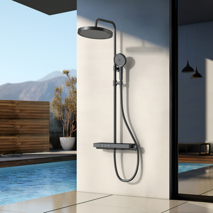 Produktbild Emke Duschsystem mit Thermostat, Handbrause + Regendusche(2 Strahlstärken) + Unterer Auslass, Schwarz