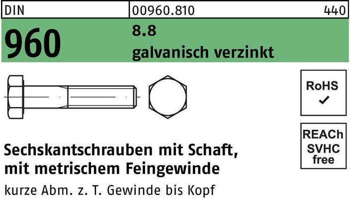 Produktbild Sechskantschraube DIN 960 m.Schaft M 12x1,25x 50 8.8 galvanisch verzinkt (100 Schrauben pro Stück)