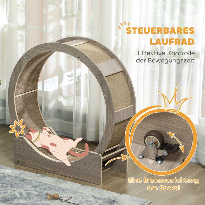 Produktbild Swisshandel24 Katzenlaufrad Laufrad für Katzen 91 cm mit Bremse, Kratzbrett, Walnuss (94 cm, Walnuss)