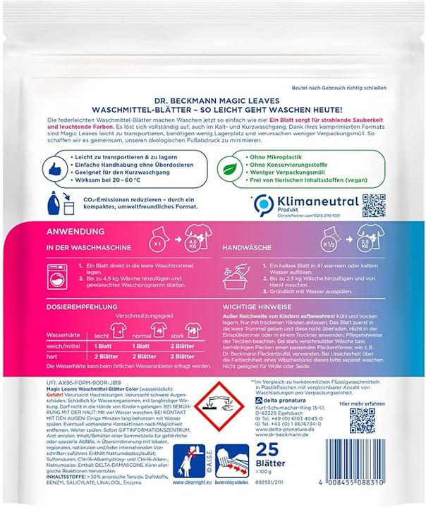 Nährwerte und Zutaten Dr. Beckmann Waschmittel-Blätter (25 Waschgänge)