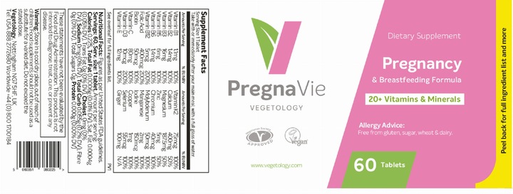 Valeurs nutritives et ingrédients Vegetology PregnaVie Pregnancy & Breastfeeding Formula (60 pièce(s), Cachets)