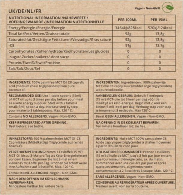 Valori nutrizionali e ingredienti Go-Keto Olio MCT C8 (Liquido, 1000 ml)