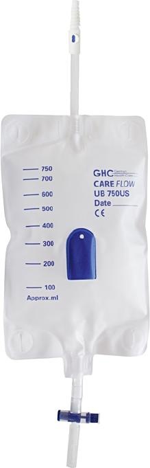 Actual product image GHC Urine bag CAREFLOW 750ml 10cm return valve T-drain non-sterile 10 pcs.