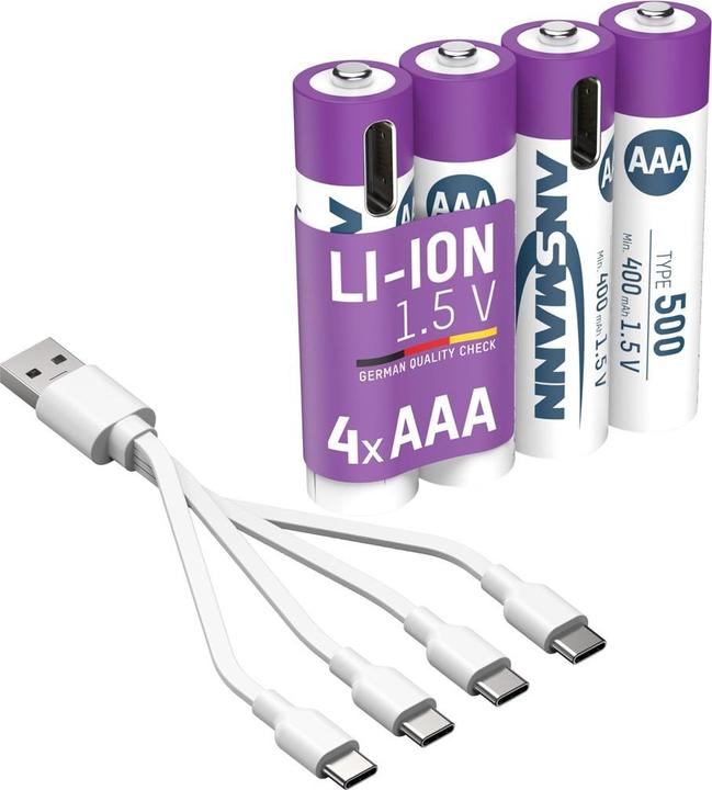 Immagine prodotto Ansmann LR03 USB-C Micro (AAA) batteria ricaricabile Li-Ion 500 mAh 1,5 V 4 pz. (4 pz., AAA / LR03 / Micro / R03 / AM4 / MN2400 / KR03, 400 mAh)