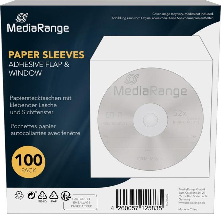 Image du produit MediaRange Pochettes en papier pour 1 disque, avec rabat adhésif et fenêtre de visualisation