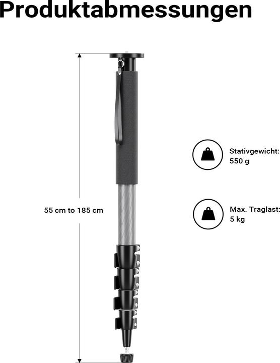 Produktbild Walimex pro 1983 Carbon Einbeinstativ + Onyx 8 Kugelkopf Stativkopf Reisestativ (Carbon, Kunststoff, Metall)