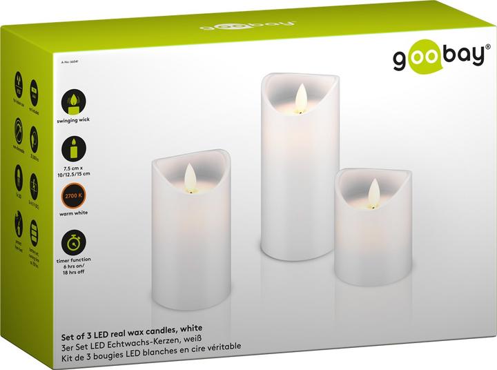 Productafbeelding Goobay LED Echte Wax Kaarsen Set van 3 Wit met Timer Functie (3 x)