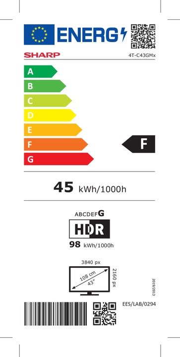 Energy Label Sharp TV QLED GOOGLE TV, 43 INCH, resolution: 3840 (43", QLED, 4K)