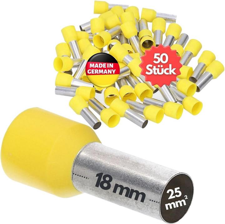 Kalitec 50 Stück AE2518GE Aderendhülsen isoliert 25mm² 18mm lang gelb I Made in Germany I Industrieq