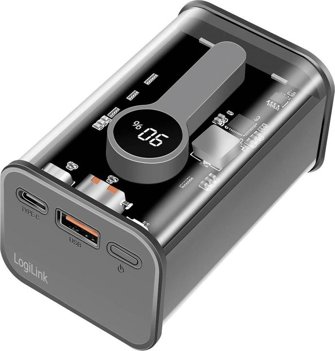 Actual product image LogiLink Powerbank 10000 mAh, 1x USB-A, 1x USB-C, with display, PD & QC, transp. (10000 mAh, 20 W, 37 Wh)