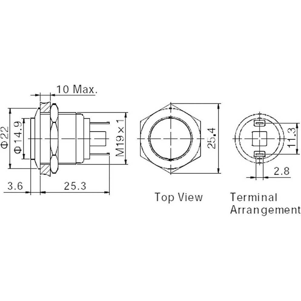 Thumbnail - Tru Components 701953 GQ19H-10/J/S Vandalismusgeschützter Drucktaster 48 V/DC 2, Taster + Schalter, Silber