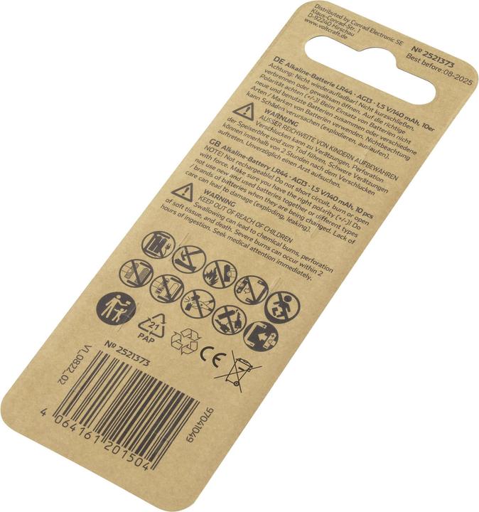 Productafbeelding Voltcraft AG13 knoopcel LR 44 alkaline mangaan 140 mAh 1,5 V 10 st. (10 Pcs., LR44, 140 mAh)