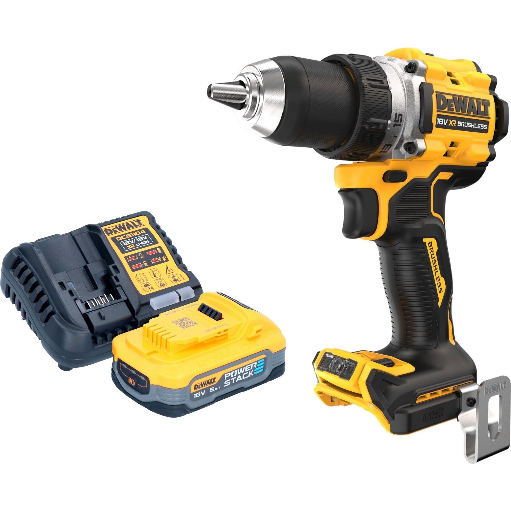 DeWalt, Bohrmaschine + Akkuschrauber, DCD 800 H1 Akku Bohrschrauber 18 V 90 Nm Brushless + 1x Powerstack Akku 5,0 Ah + L...