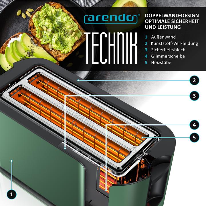 Produktbild Arendo Frühstücks Set Edelstahl Wasserkocher 1,5l, Griff & Display & 4-Scheiben Doppelschlitz Toaster, Grün (1.50 l)