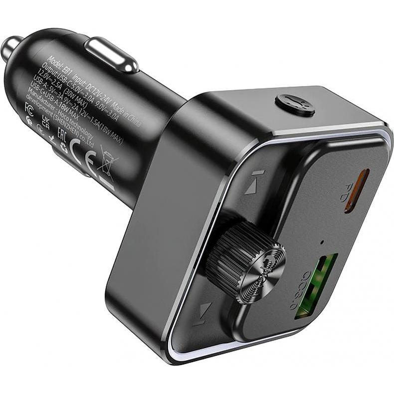 Hoco Auto charger Car charger QC3.0 PD 30W with transmitter FM E81 black, Adattatore per auto, Nero