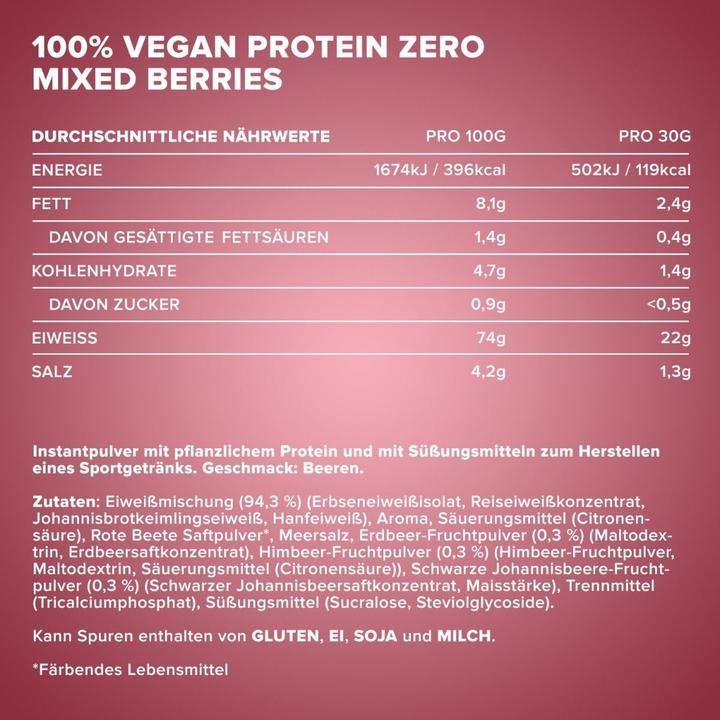 Nährwerte und Zutaten IronMaxx 100% Vegan Protein Zero (1x, Mixed berries)