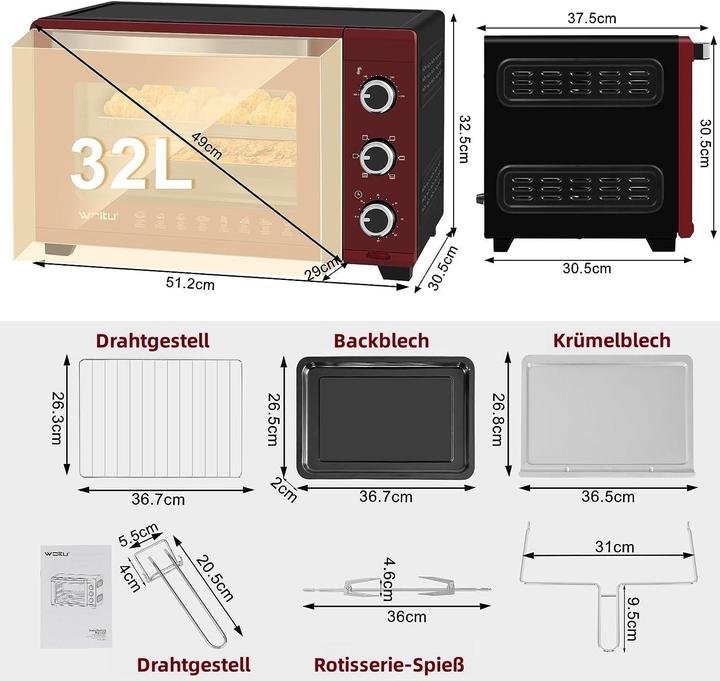 Produktbild Woltu Mini Backofen 32 Liter, Schwarz+rot