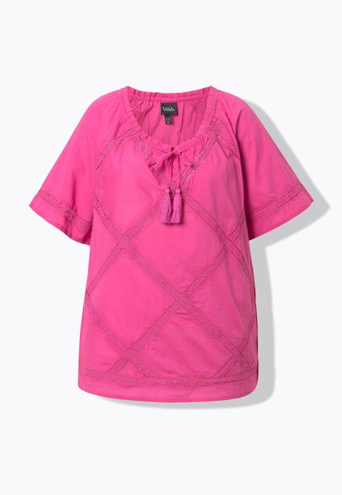Ulla Popken Metallic Lattice Ribbon Short Sleeve Blouse