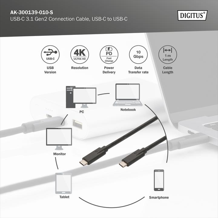Produktbild Digitus USB Type-C Gen2 Anschlusskabel (1 m, USB 3.1)