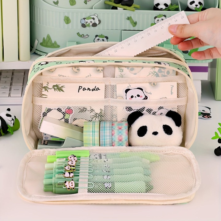 Image du produit Only-Bags.Store Geräumiges Federmäppchen mit Panda-Motiv - strapazierfähiges Oxford-Gewebe, mehrlagiger Organizer