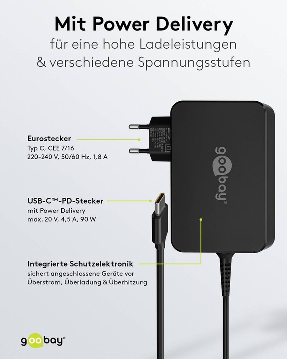 Immagine prodotto Goobay Caricabatterie USB-C per laptop 90 W nero (90 W)